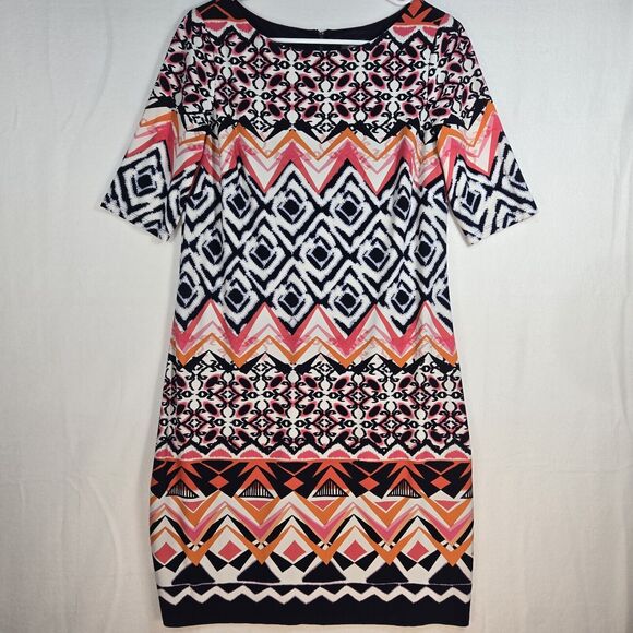 Vince Camuto Sheath Shift Dress Short Sleeve Colorful Geometric Pattern Womens 8 - Picture 1 of 11